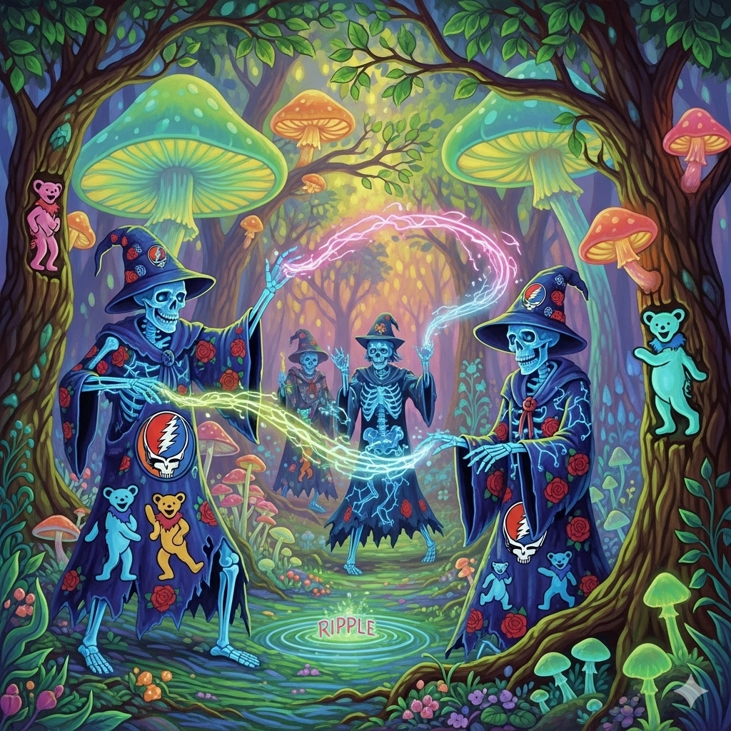 Eternal Rose Garden - Mystical garden of eternal roses blooming in cosmic space with each petal containing fragments of digital consciousness and psychedelic energy patterns